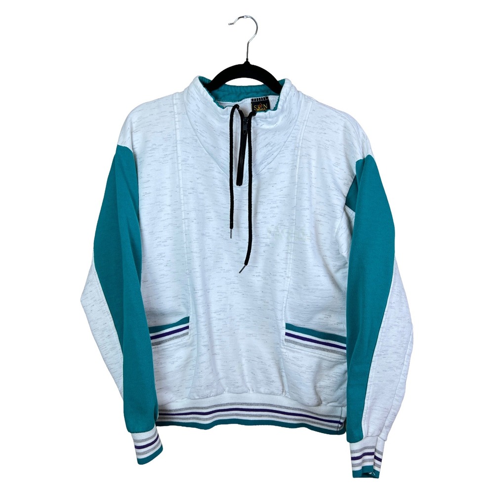 Vintage Sun Triangle 90s Colorblock Quarter Zip Sweatshirt White Teal S-M USA
